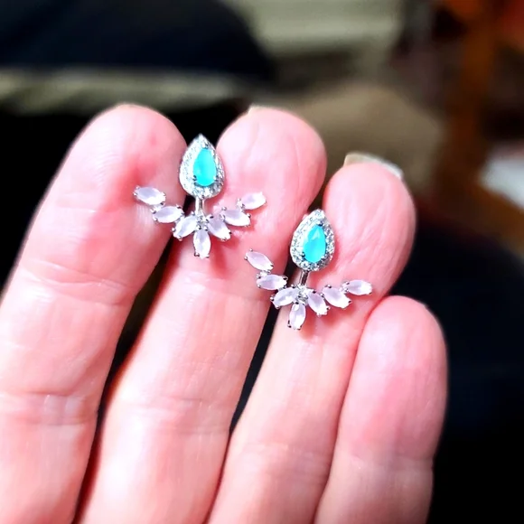 Pink & white Topaz & Aquamarine Sterling ornate earrings - Picture 1 of 7